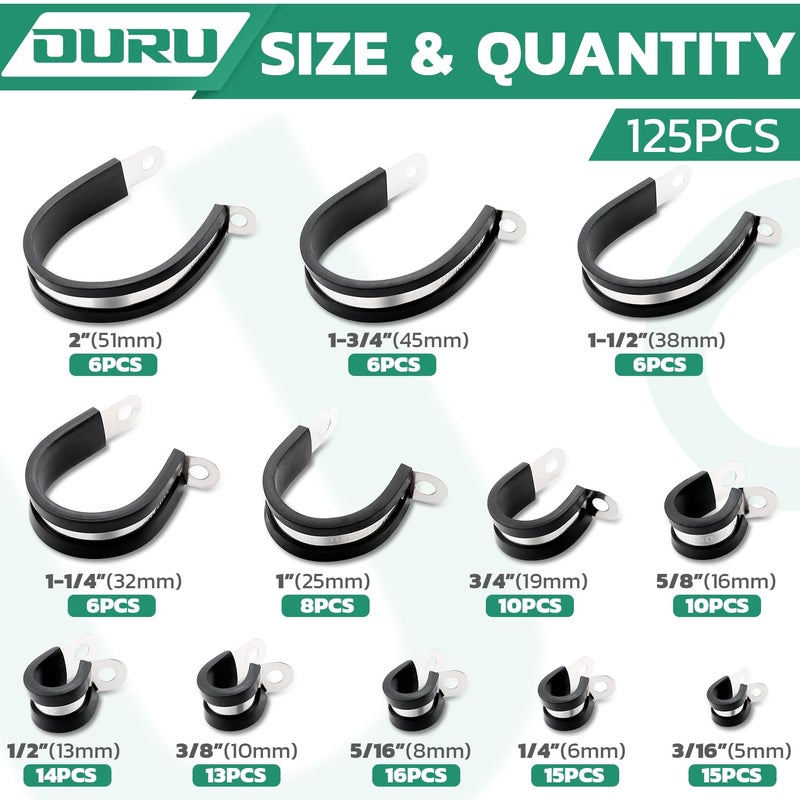 OURU 125PCS Cable Clamp 12 Sizes Stainless Steel Rubber Coated Cushioned Insulated Cable Clamps Assortment Kit-Metal Wire Clamps Cable Clips Pipe Clamps - Image 2